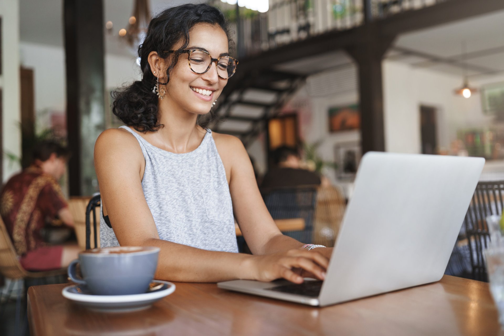 Happy woman working remotely